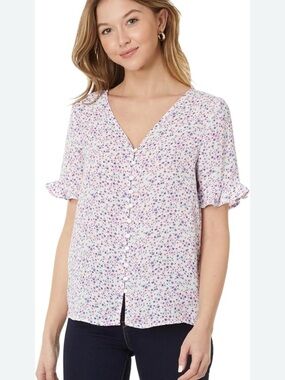 CeCe Floral Button-Front V-Neck Top - White/Pastel